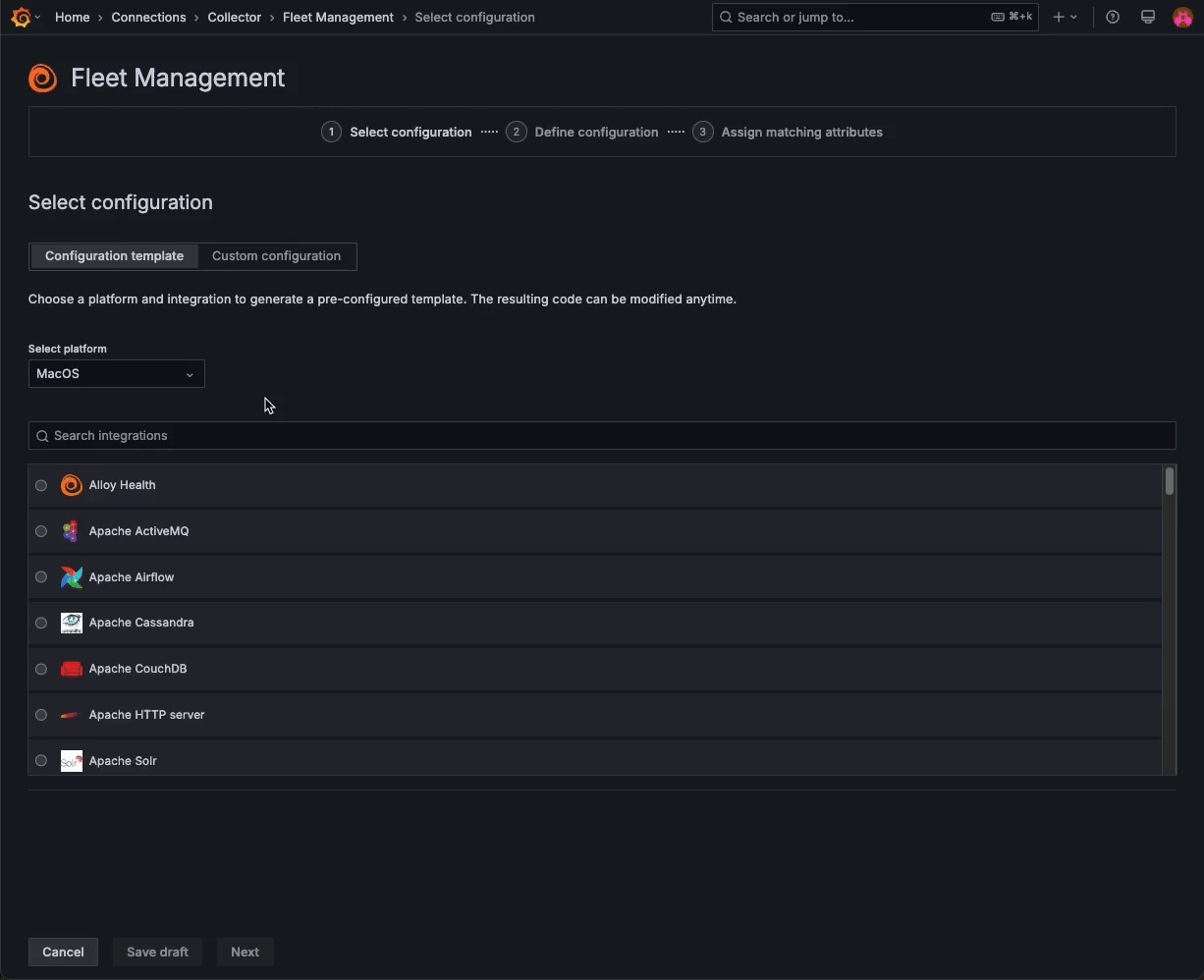 A gif showing the catalog of monitoring solutions in Fleet Management.
