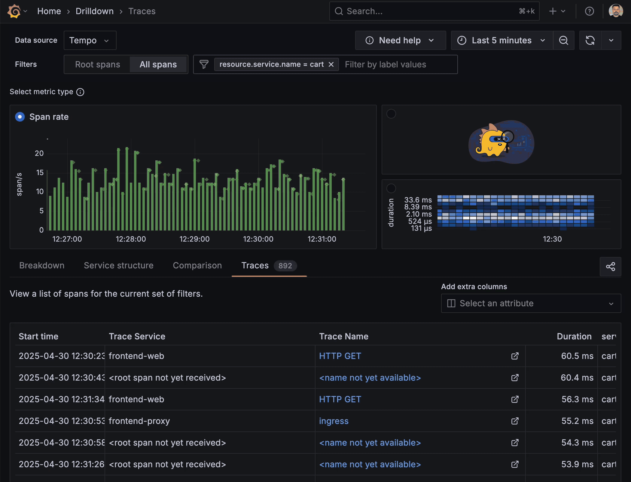A GIF showing how you can navigate from traces to logs in Traces Drilldown.