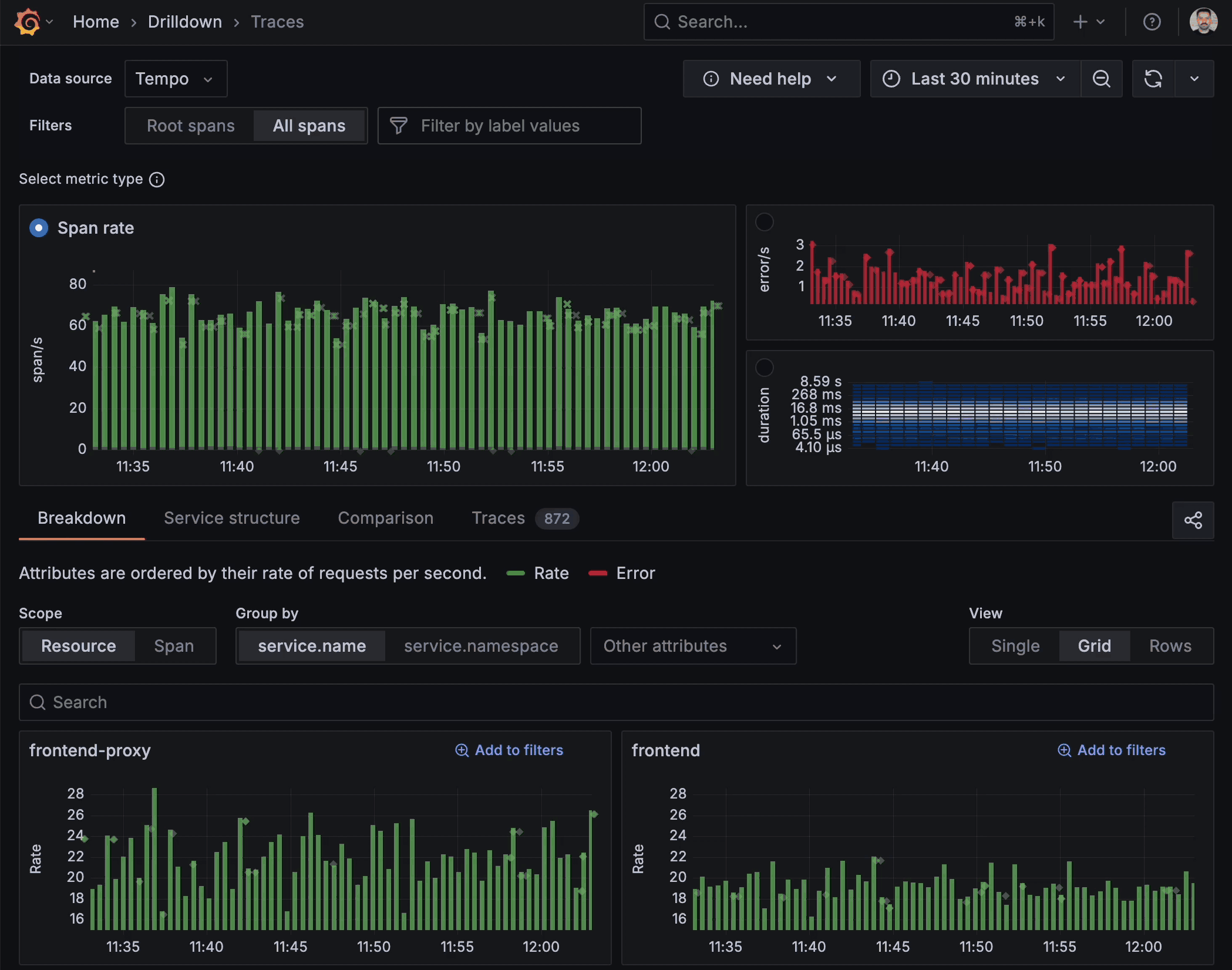 A GIF showing the navigation workflows in Traces Drilldown.