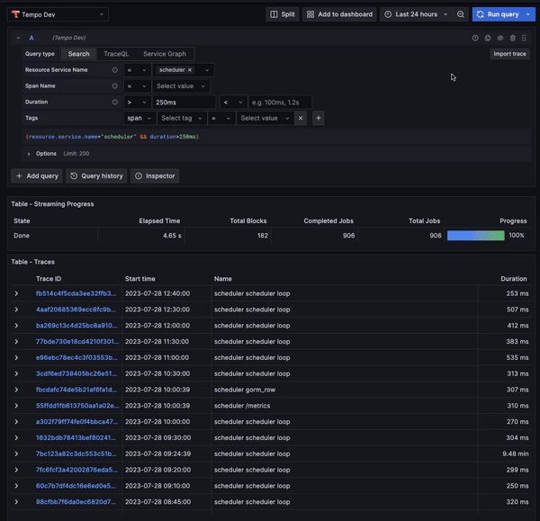 A gif showing the streaming query results feature.
