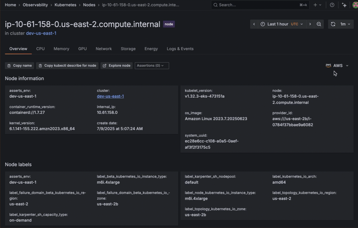 A screenshot pivoting to an EC2 instance in Cloud Provider Observability from Kubernetes Monitoring.