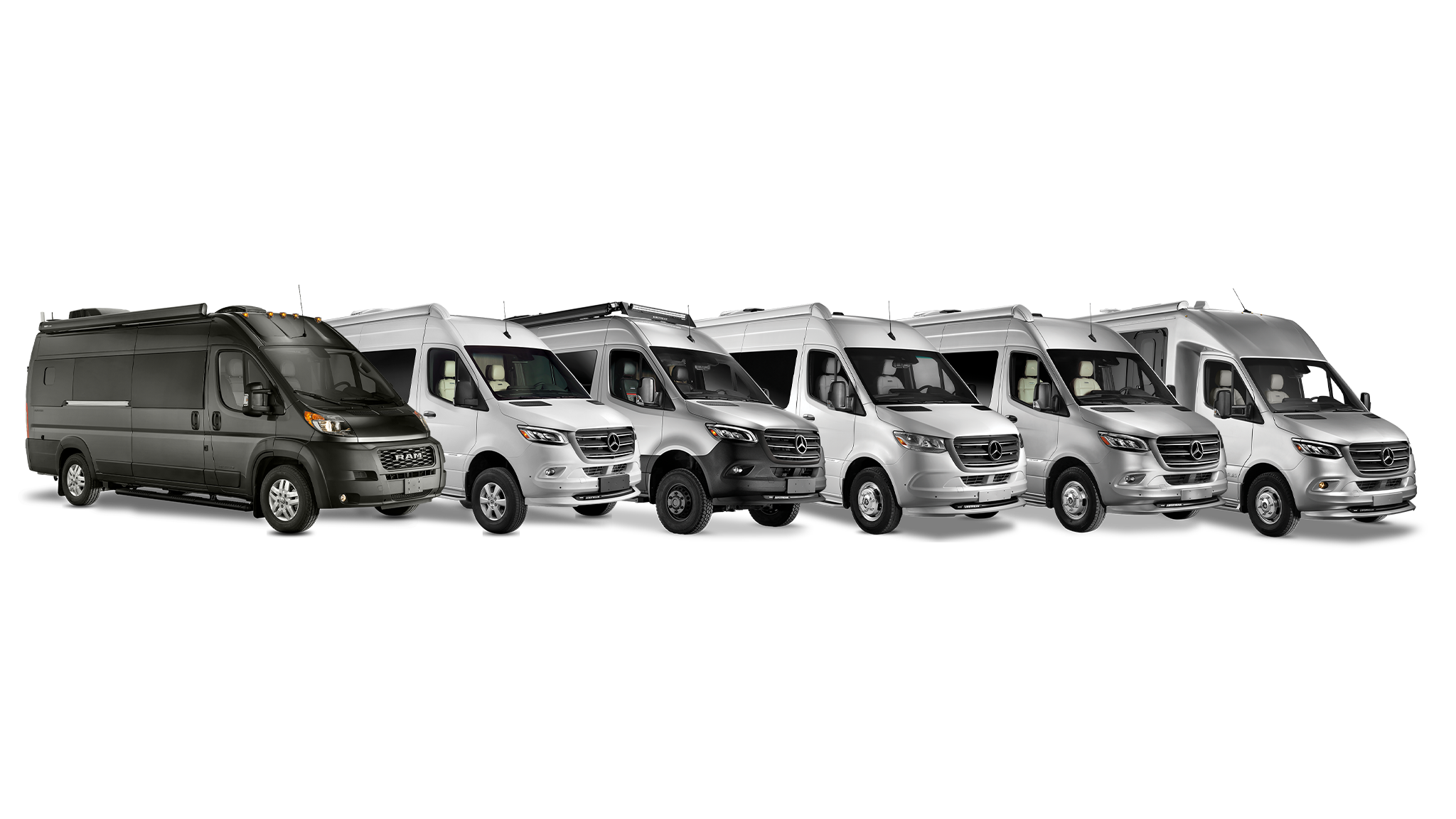 Airstream-Touring-Coach-Lineup|AIRMKT 2021 Interstate 24GL Exterior Front 3 Qtr Arctic White 65281 WEB|AIRMKT 2021 Interstate 24GL Lounge Interior - Modern Greige F2B 68659 WEB|AIRMKT-2024-Interstate-19-Exterior-Tenorite-Grey-3-Qtr-Configurator