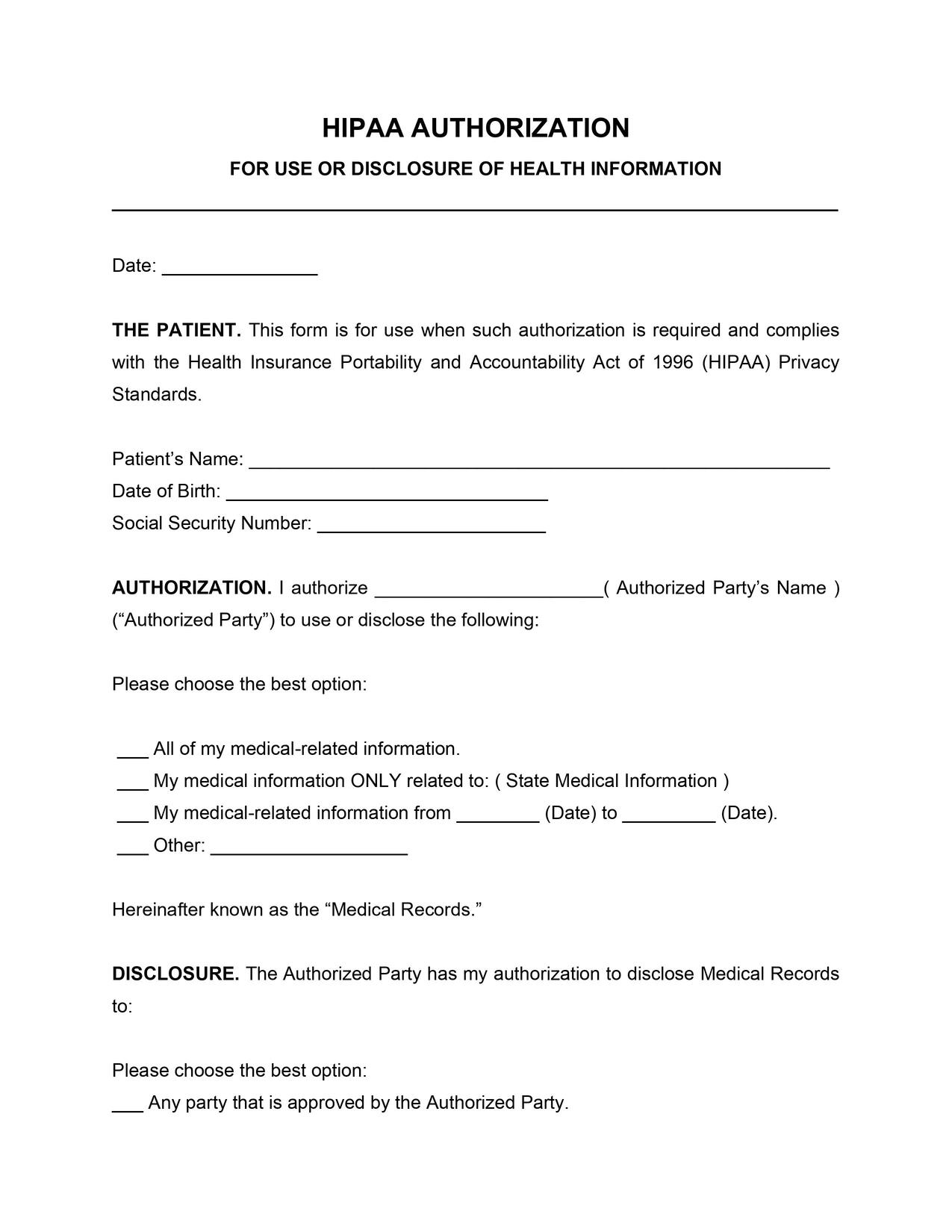 HIPAA Release Template HIPAA Release Template