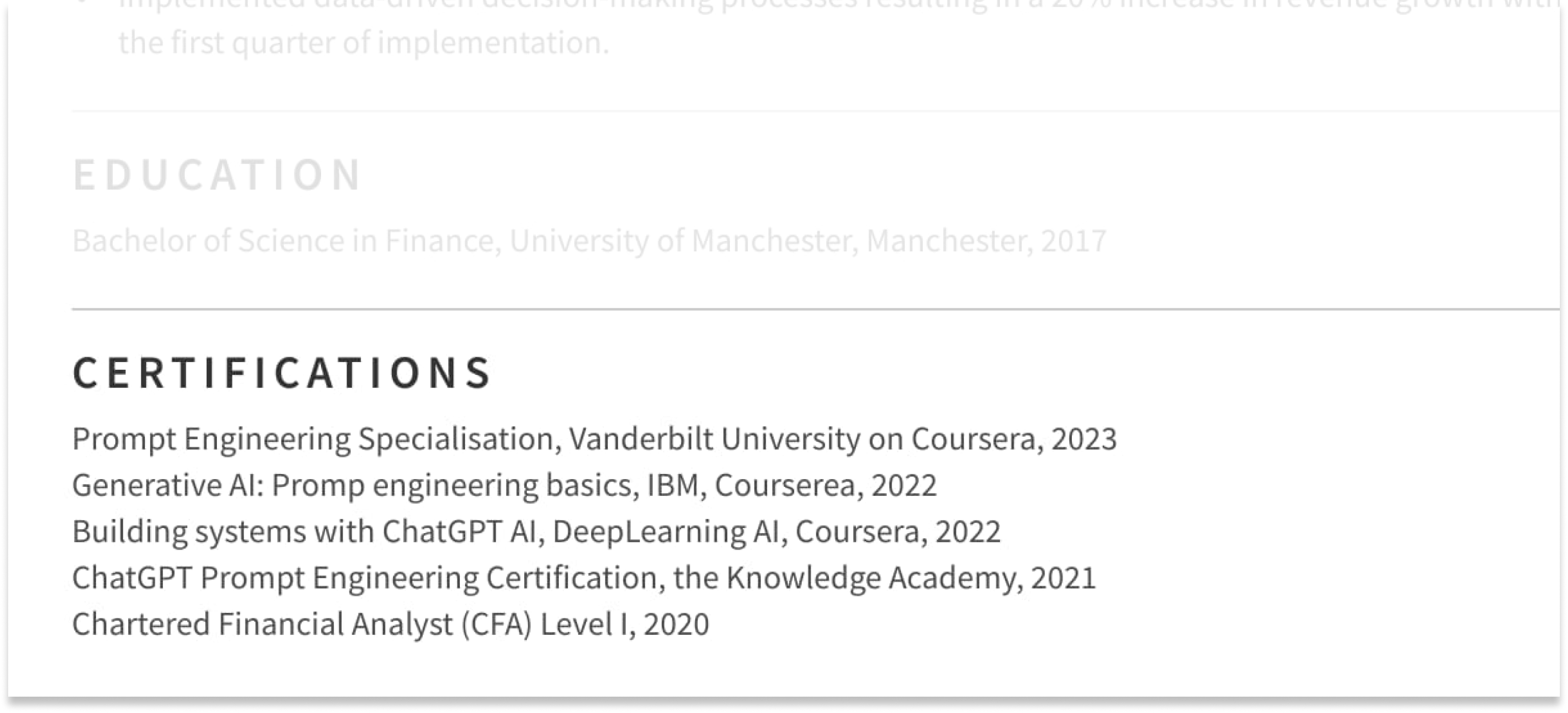 Prompt engineer CV courses and certificates examples