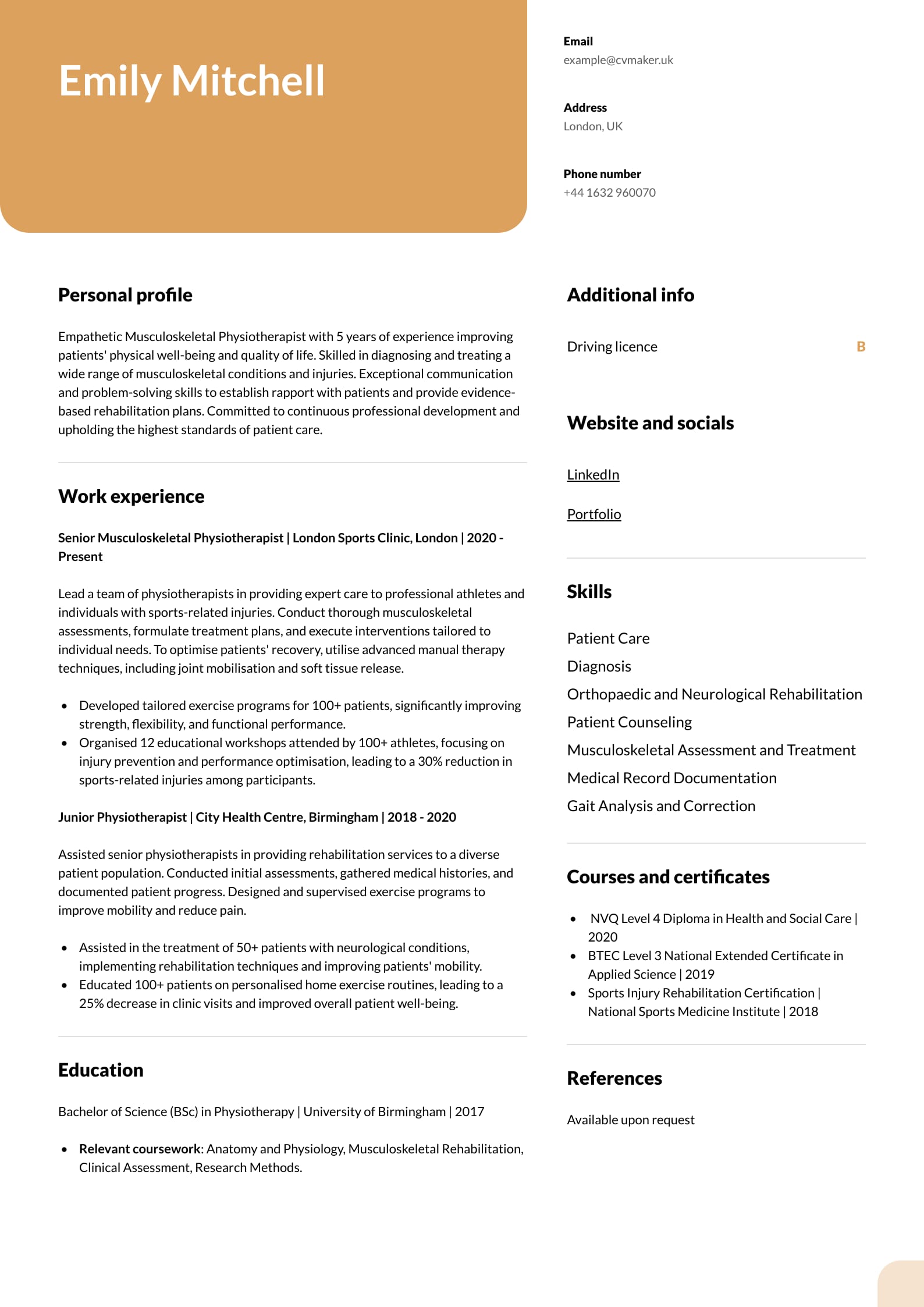 Physiotherapist  CV sample
