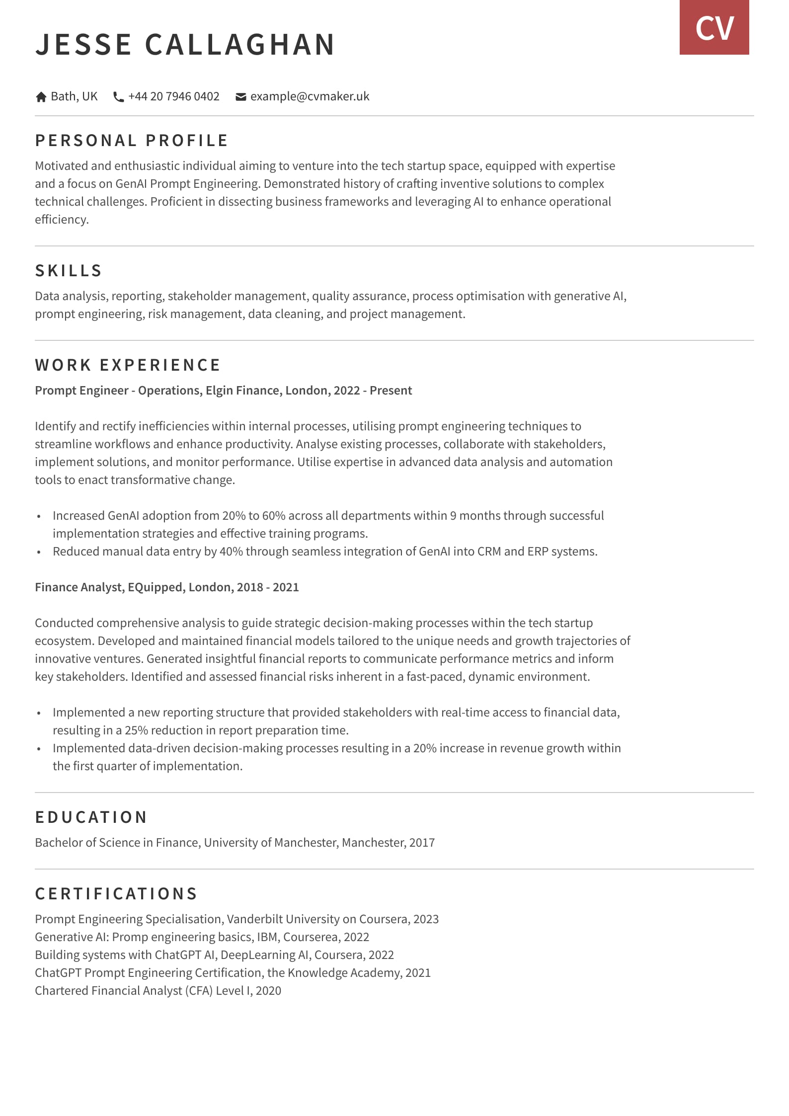Prompt engineer CV  sample