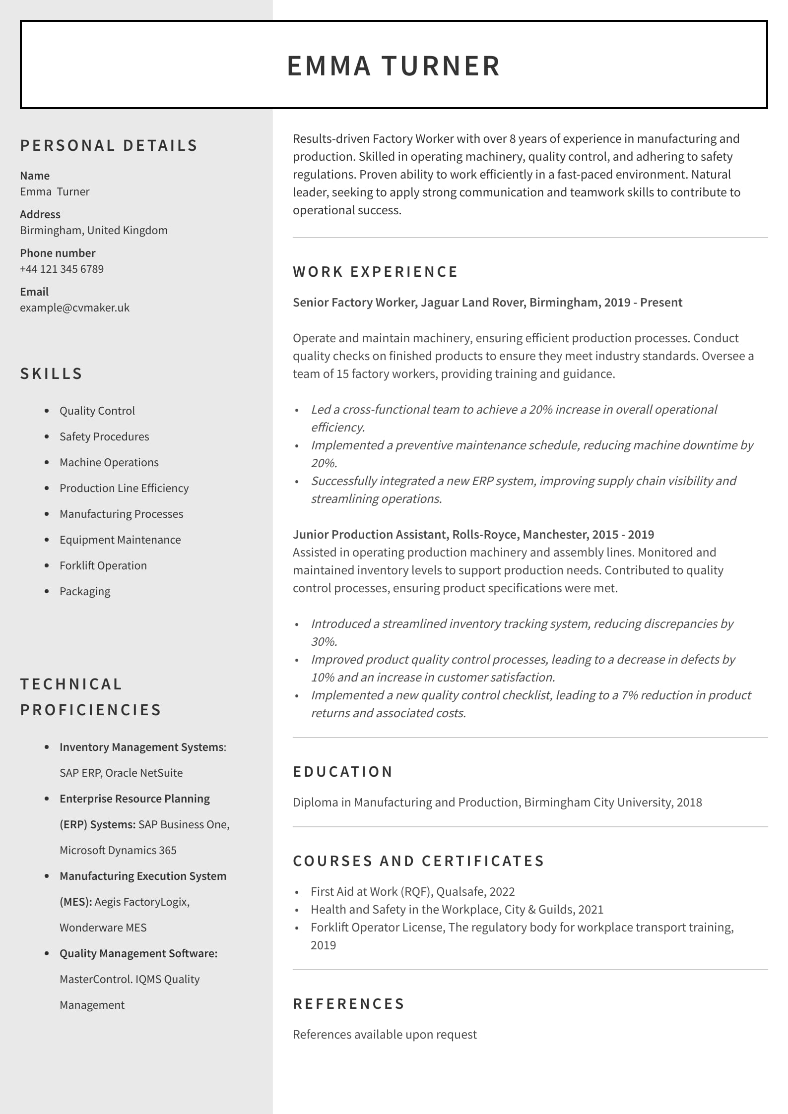Factory Worker CV sample