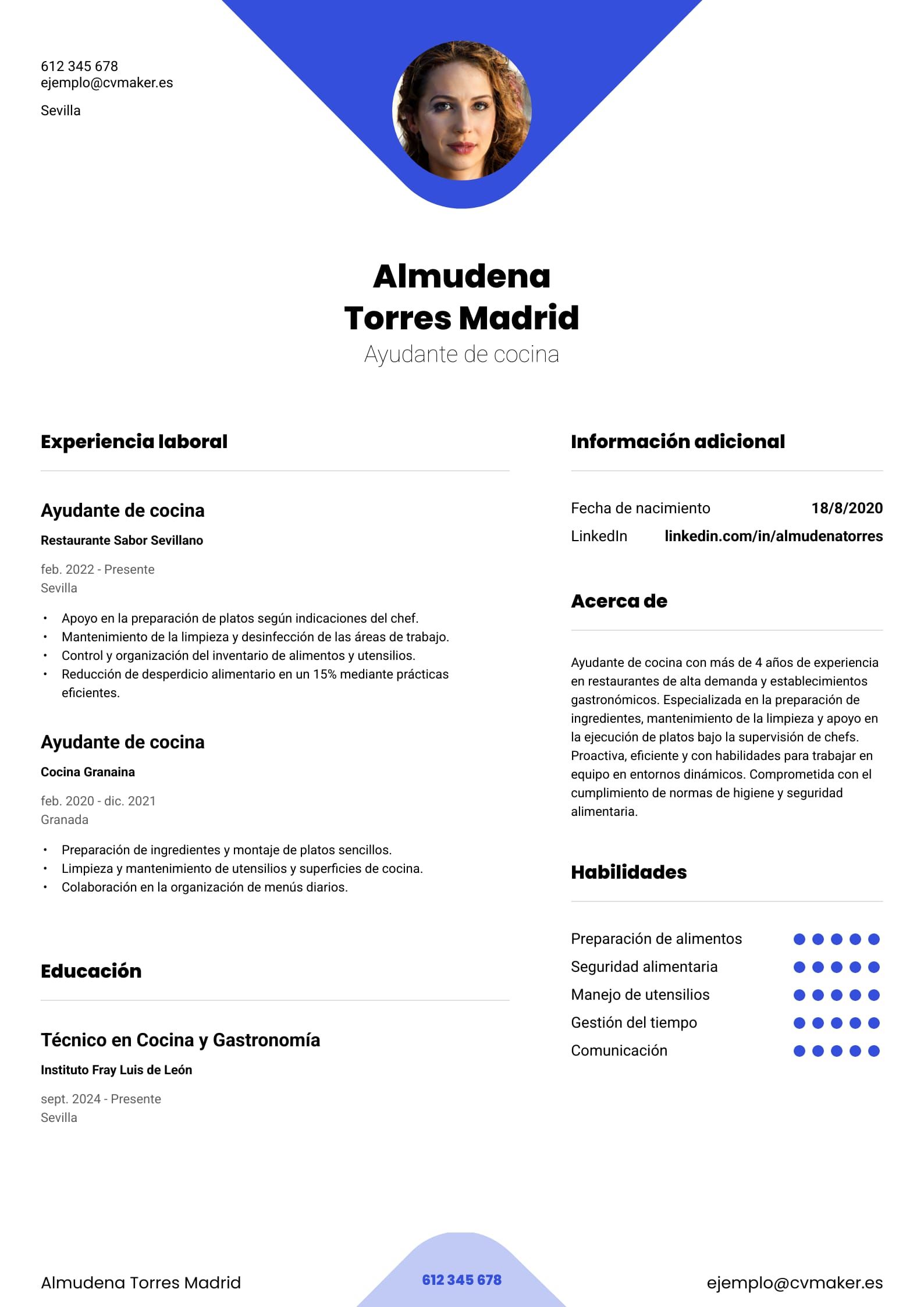 ejemplo de CV para ayudante de cocina