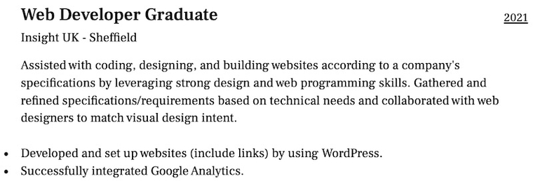 Web Developer Graduate CVvoorbeeld werkervaring