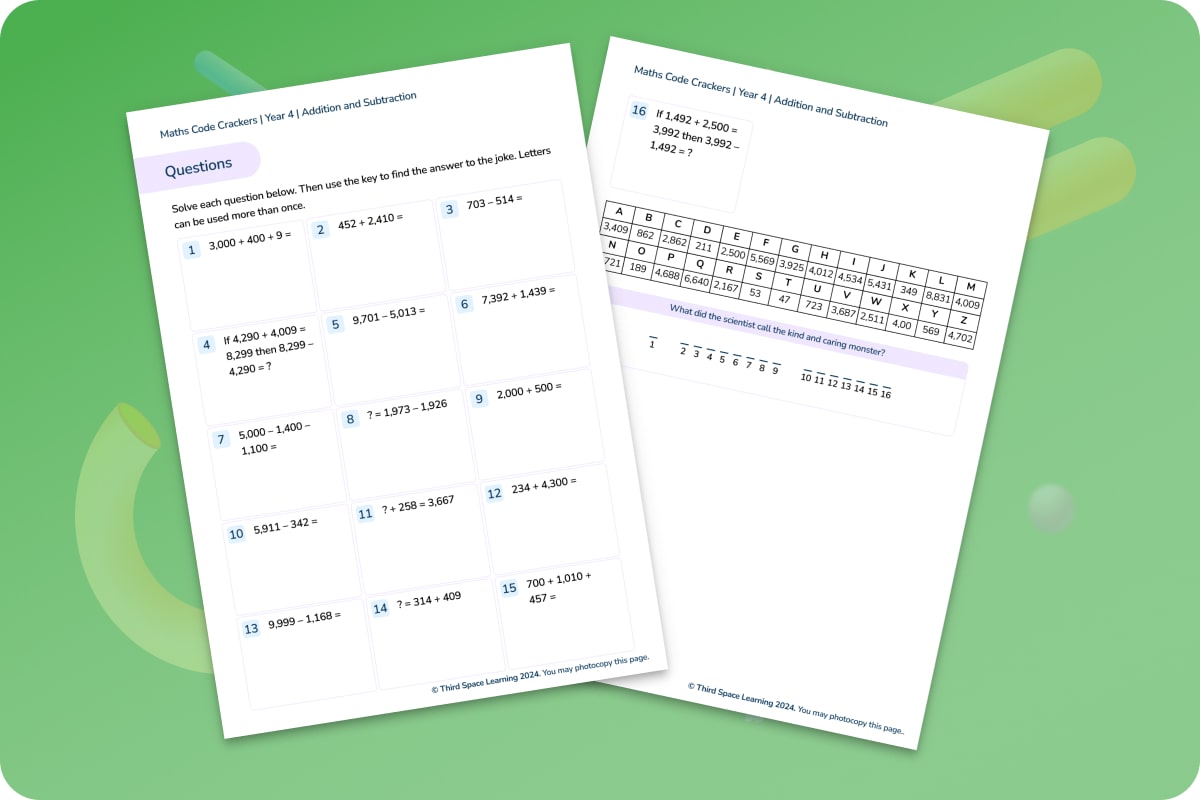 Maths Code Crackers Year 4 Addition And Subtraction Maths Hub Third