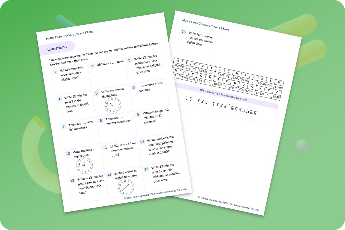 Maths Code Crackers Year 4 Time Maths Hub Third Space Learning
