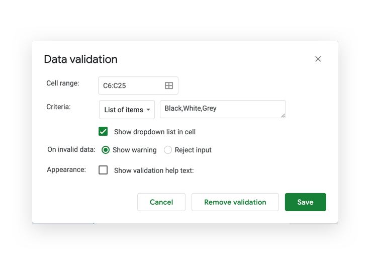 data validation screenshot