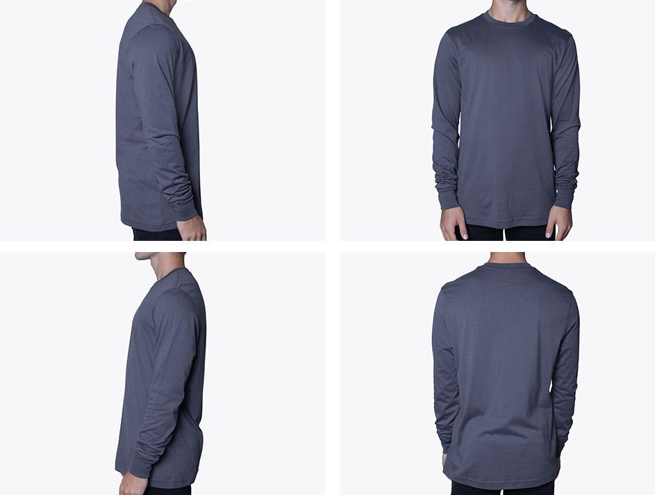 four sides of a slate blue long sleeve t-shirt on a man