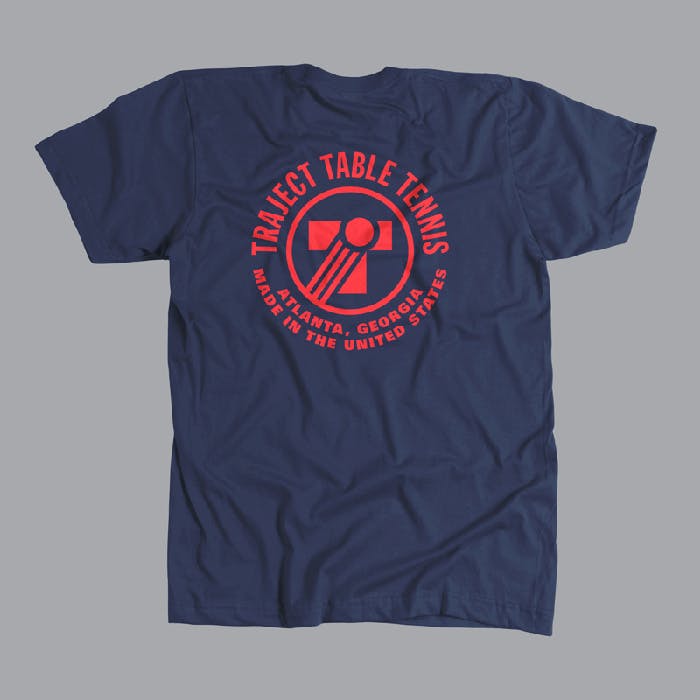 navy blue shirt with a red design printed on it