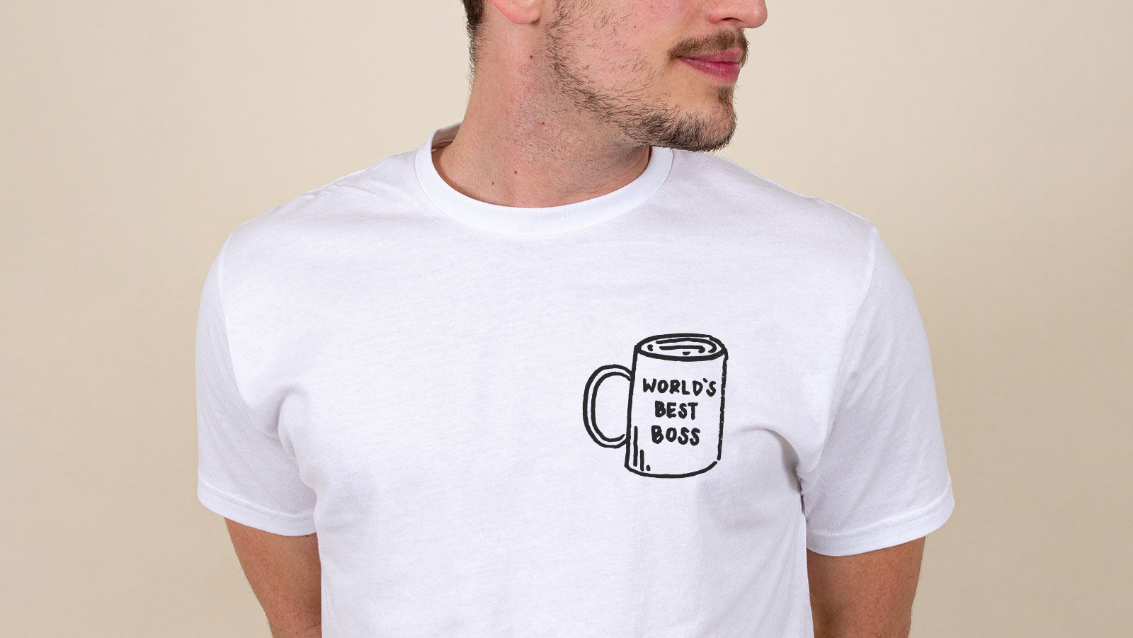 guy wearing a white shirt with world's best boss mug printed on it