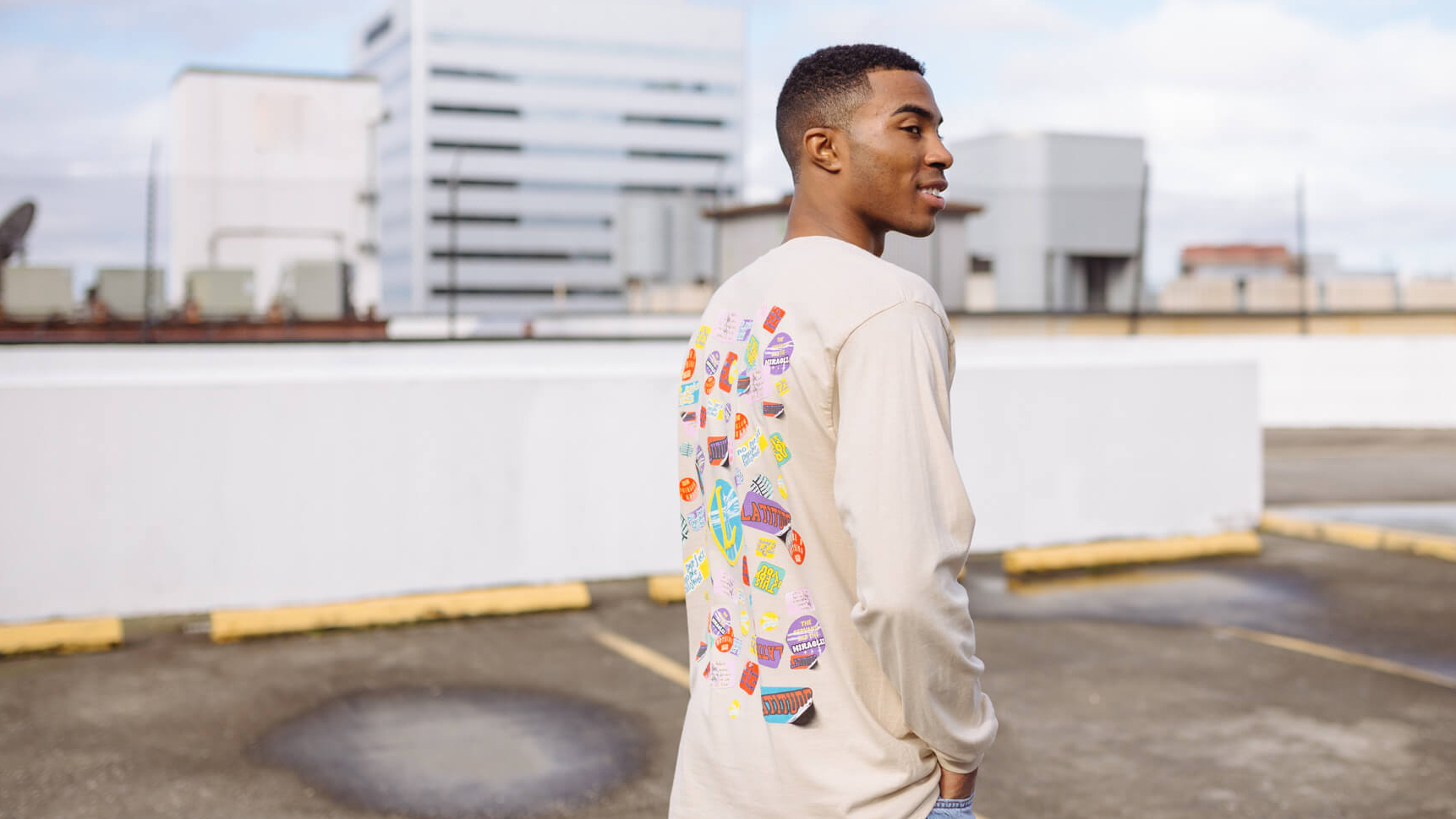 man wearing a tan long-sleeve t-shirt