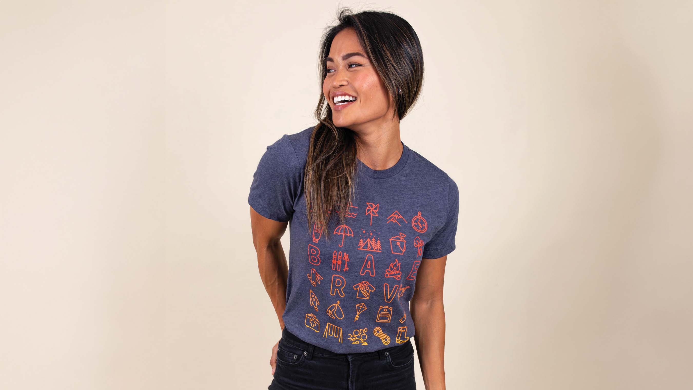 women wearing a navy tri-blend tee