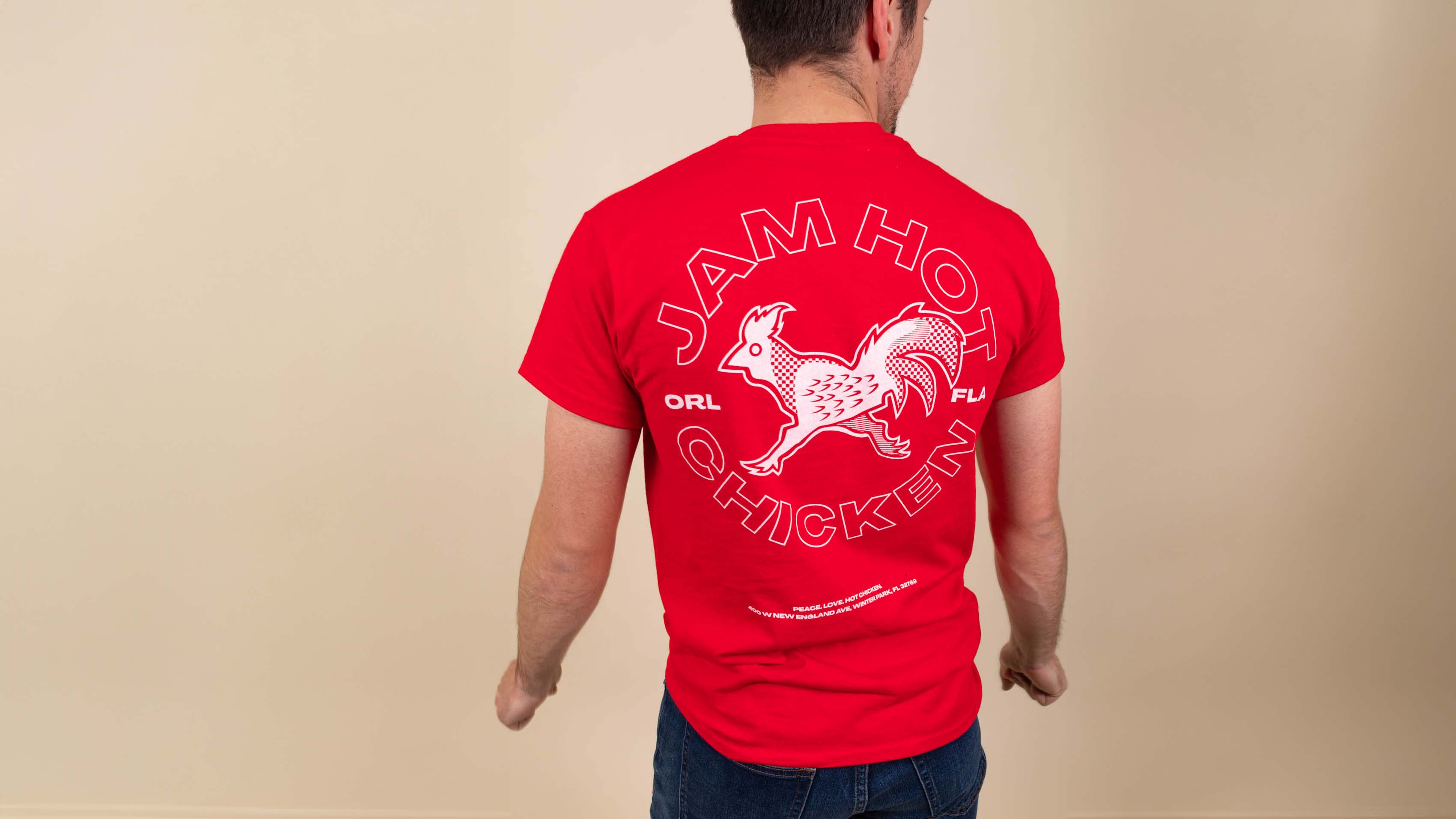 man wearing a red t-shirt