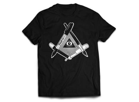 black shirt with art pens and brushes printed on it