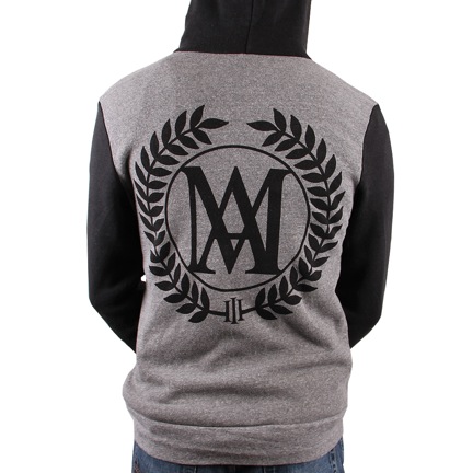 back of a gray and black zip-up hoodie