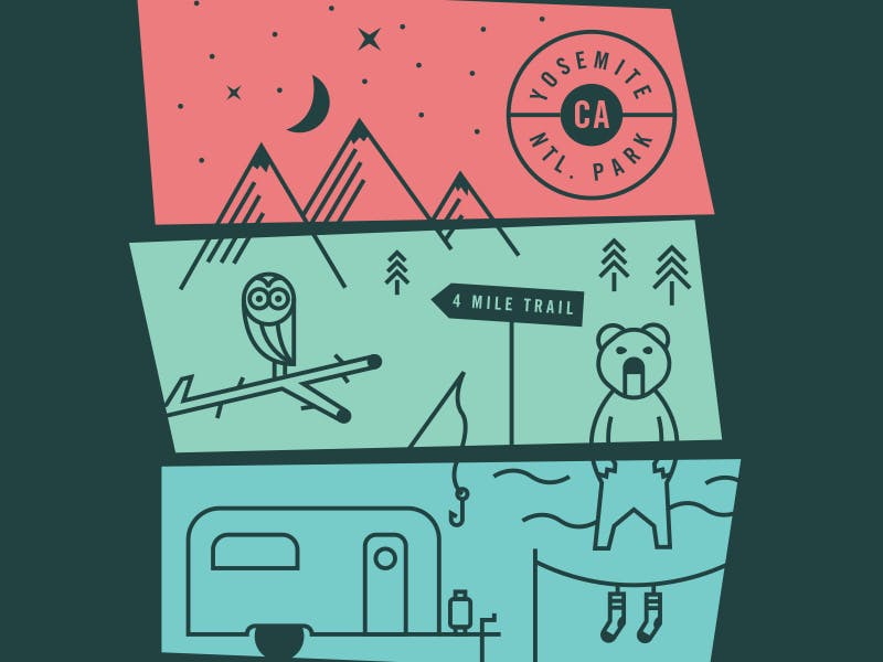 close up of a design with icons of camping printed in blocks of blue, green, and red