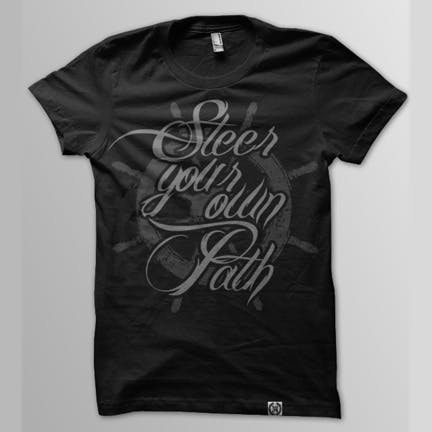 black t-shirt with script writing on it