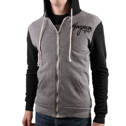 gray and black zip-up hoodie