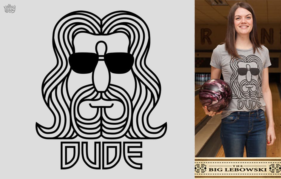 gray shirt with a face design with the words dude printed on it