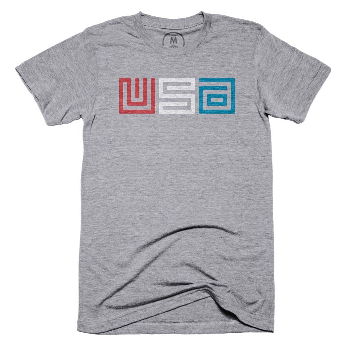gray t-shirt with a USA design printed on it