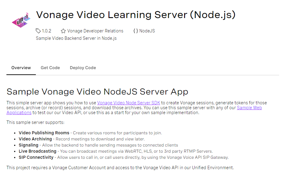 Vonage Video Learning Server (Node.js)