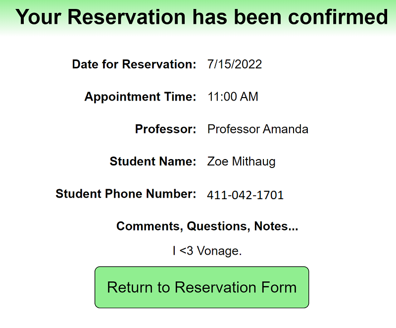 Confirmation page