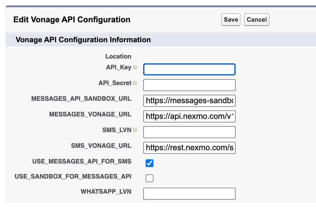 Edit Vonage API Configuration