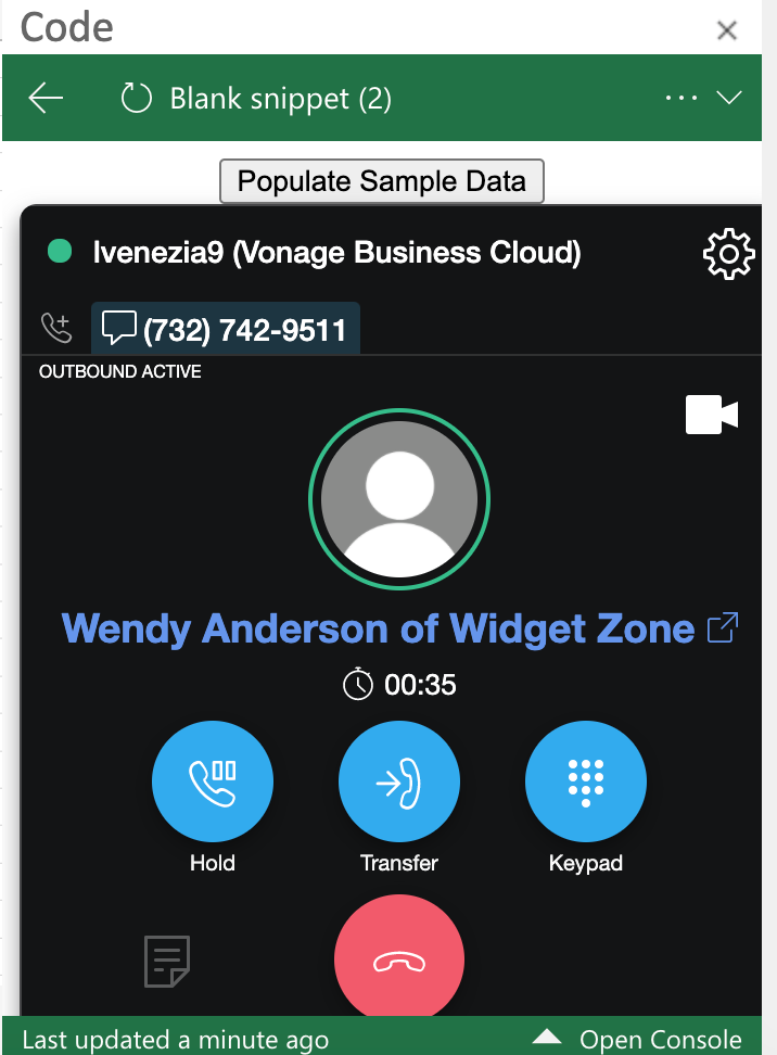 Screenshot of the Code Window of the Vonage Open ContactPad interface while in a call.