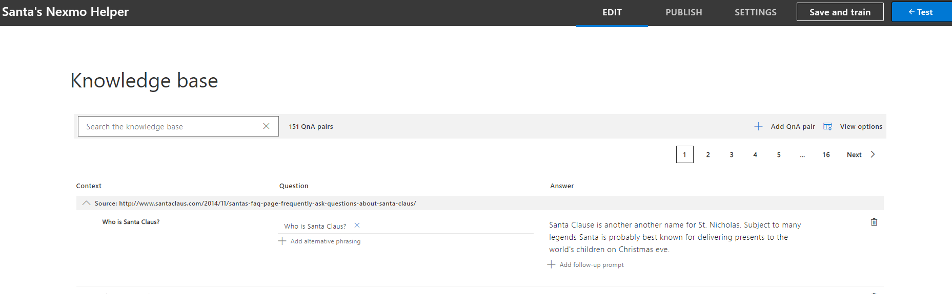 QnA Maker Knowledgebase edit screen