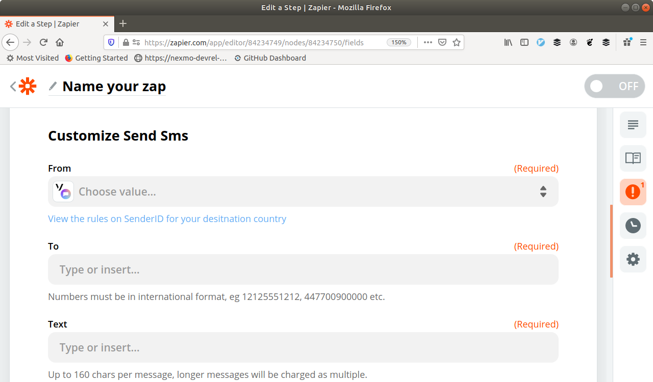 SMS Configuration screen showing fields for from, to and text of the message