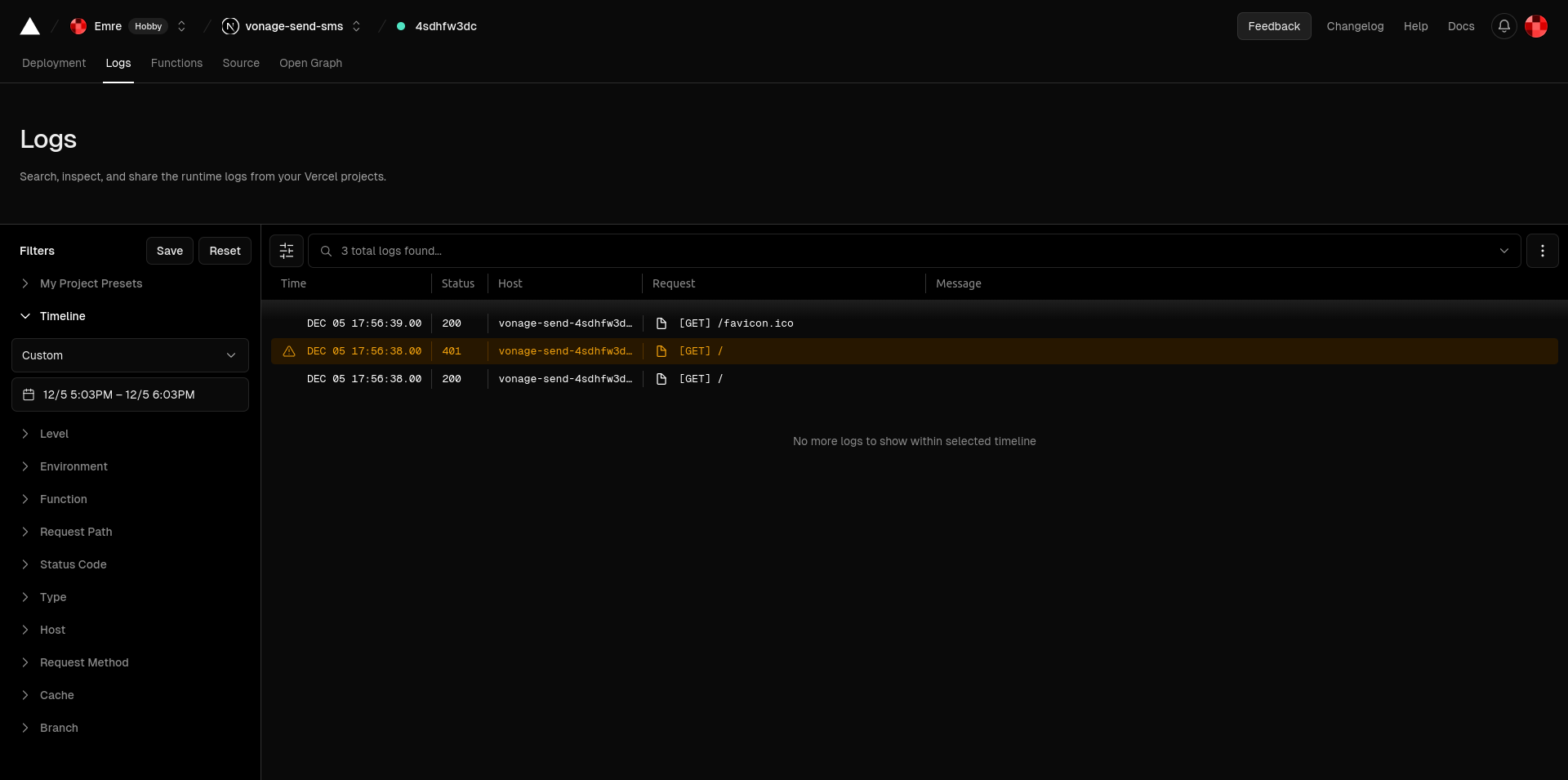 Vercel Runtime Logs