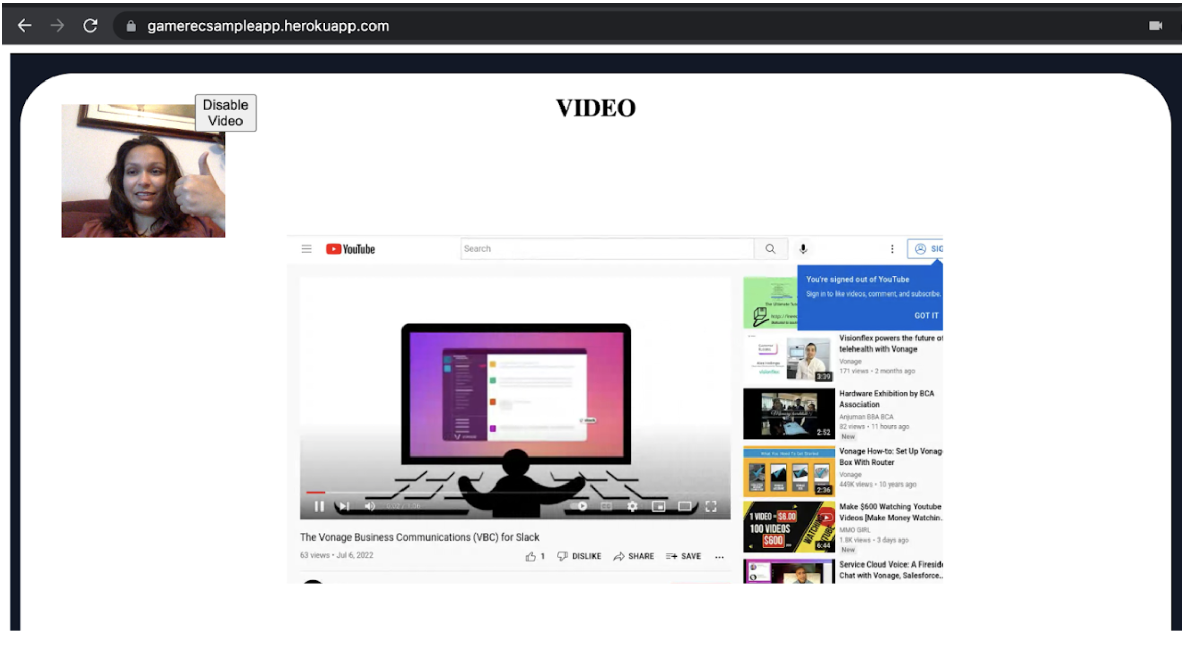 Vonage Video API session with Experience Composer stream of Youtube