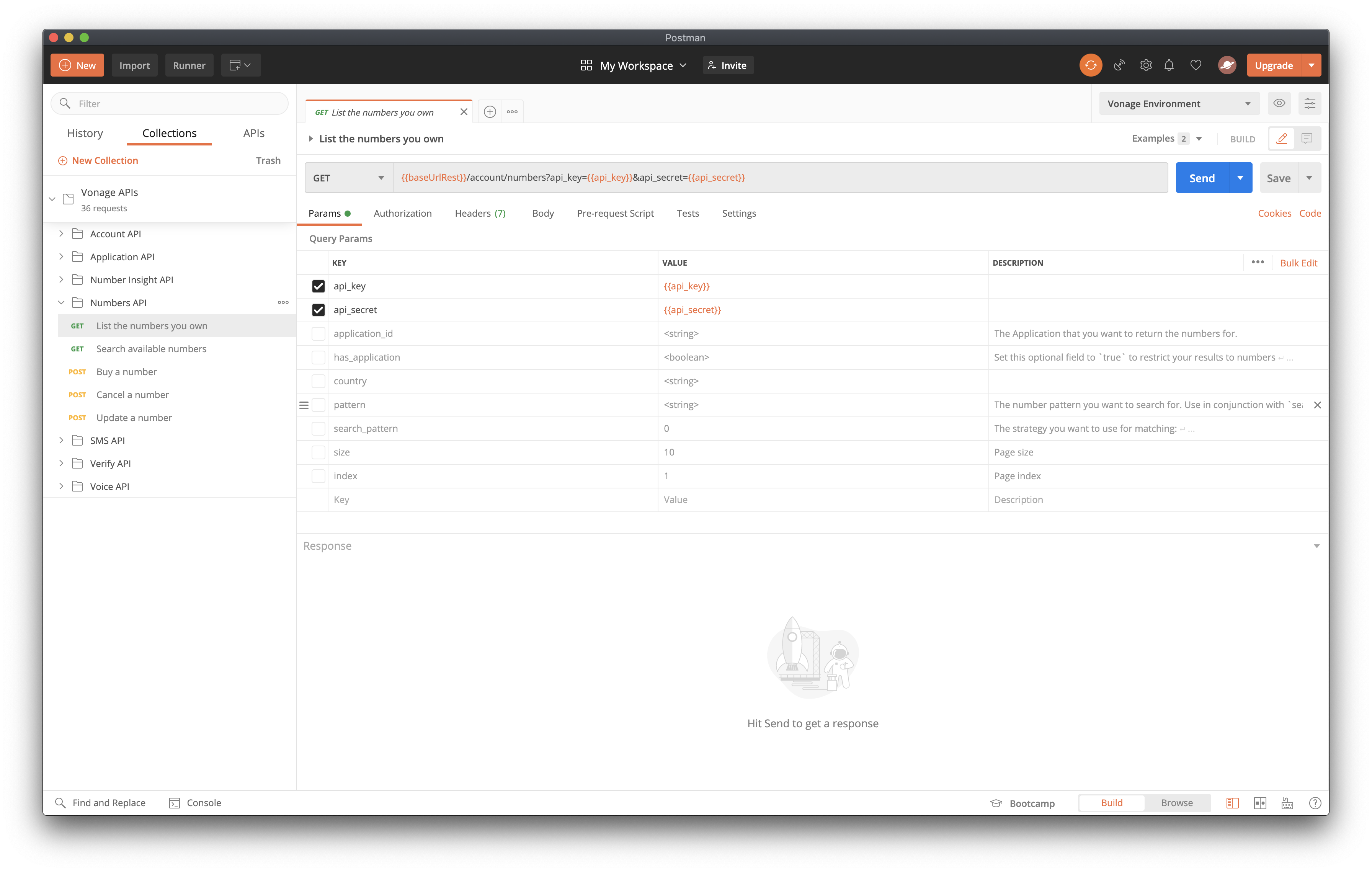 Numbers requests in Vonage APIs Postman collection