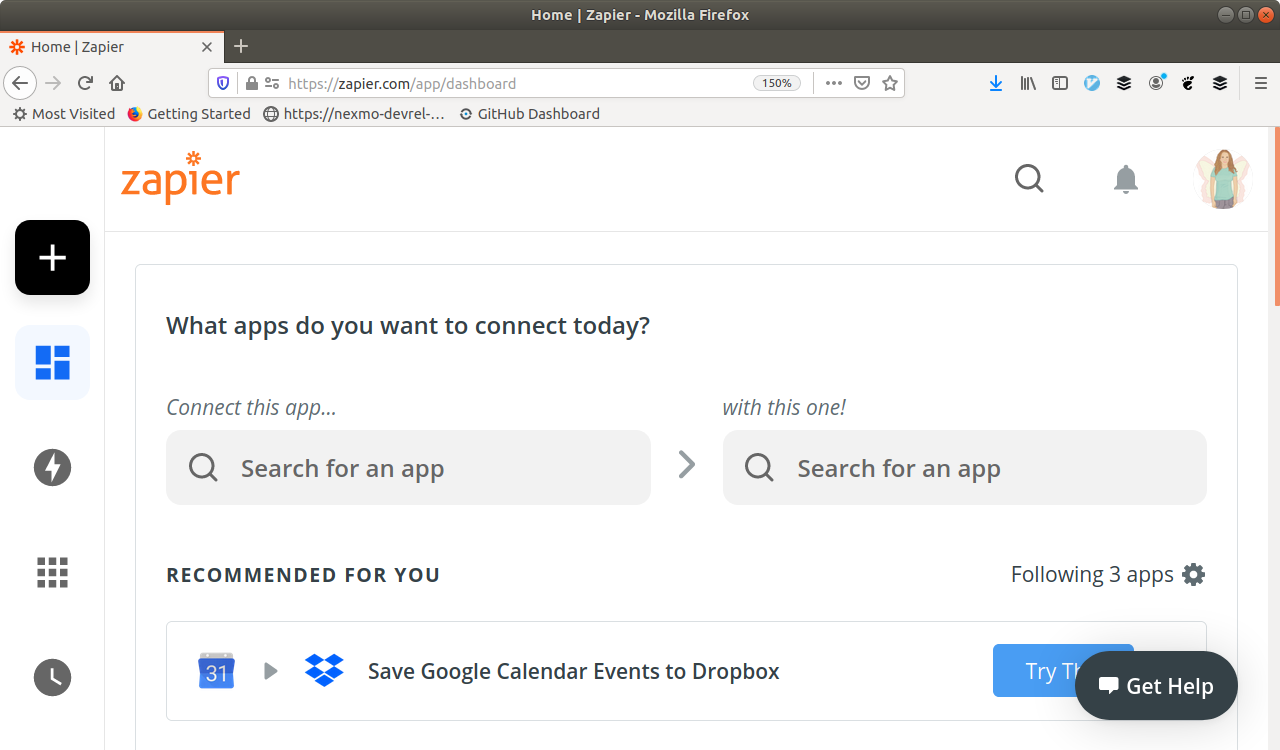 Screenshot of the Zapier user home page