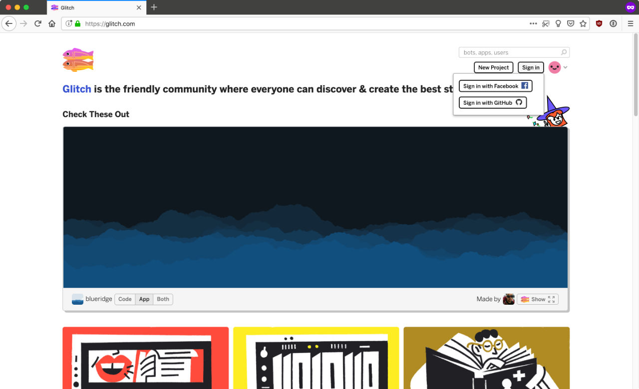 Create a new account on Glitch