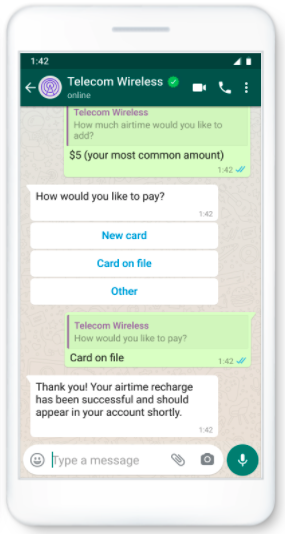 Mock-up of a WhatsApp Reply Button displaying three payment options