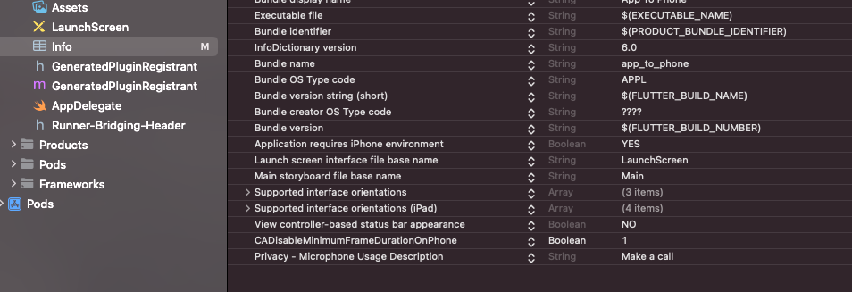Xcode showing the info file selected and pricacy microphone usage description set