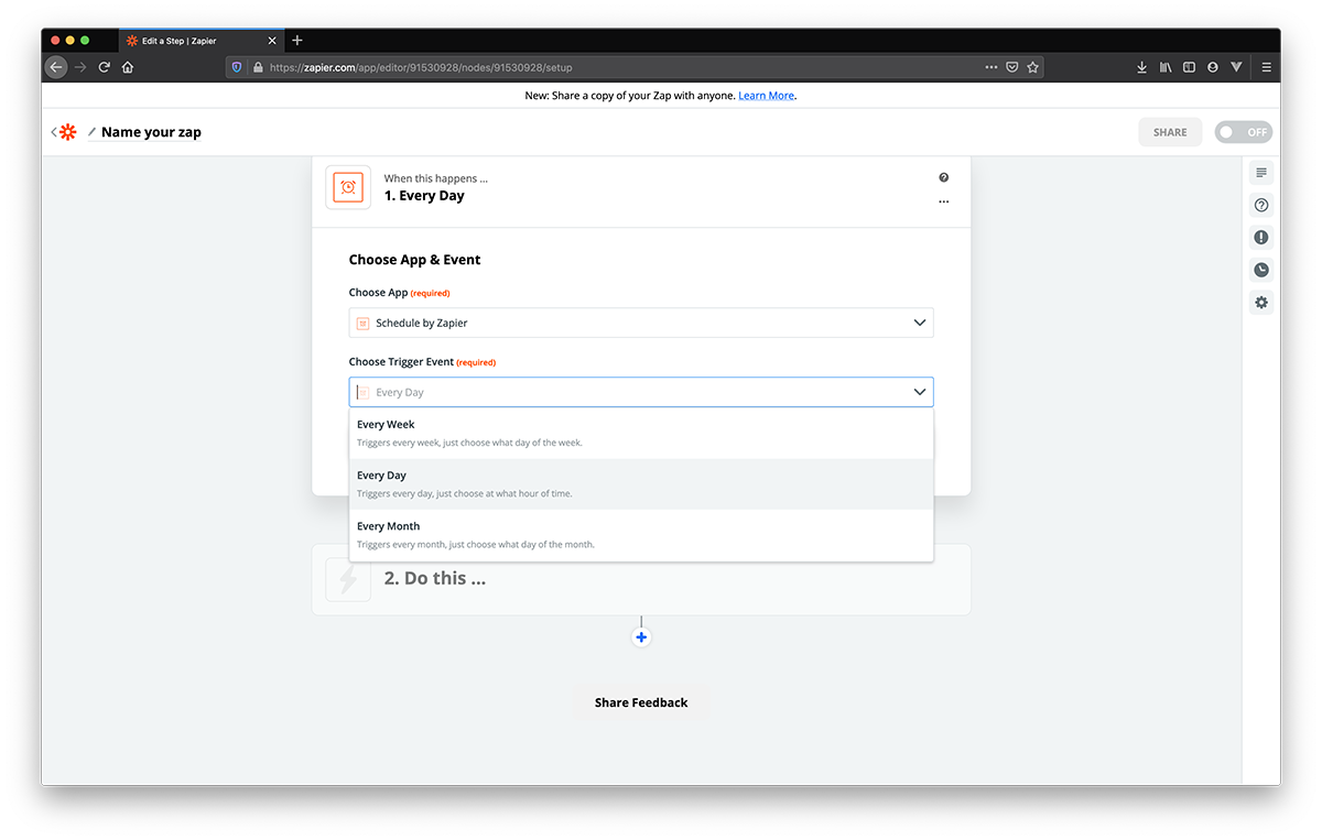 Events drop-down menu for Schedule by Zapier