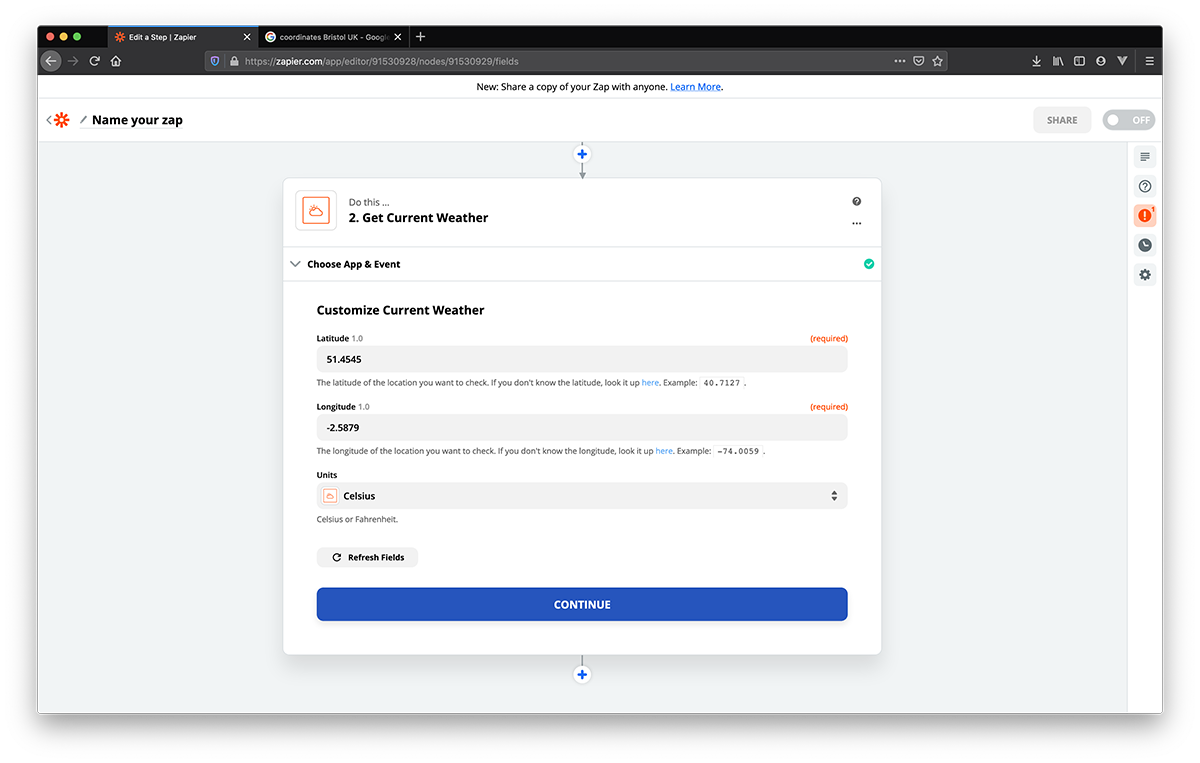 Customize fields for Weather by Zapier