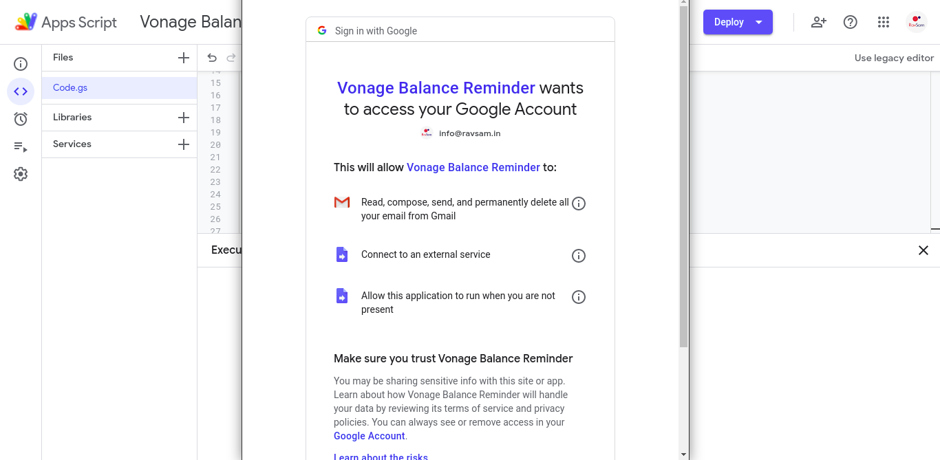 Vonage Dashboard for API Key and API Secret