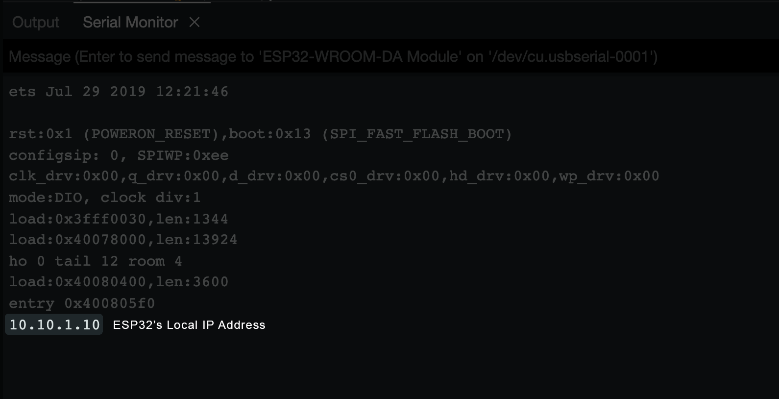 ESP32's Local IP Address shown inside Arduino IDE's Serial Monitor