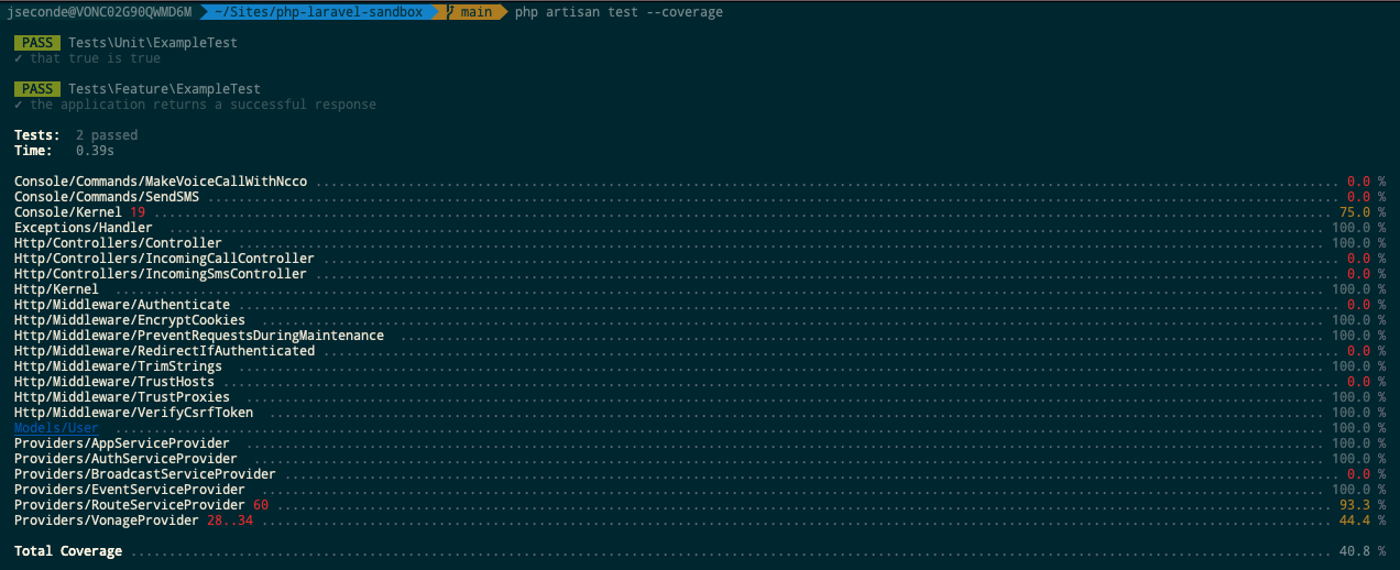 Screenshot of the new test coverage output from Laravel's console
