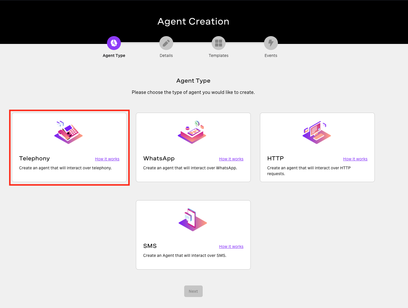the agent creation screen with multiple types. highlighted is the telephony option