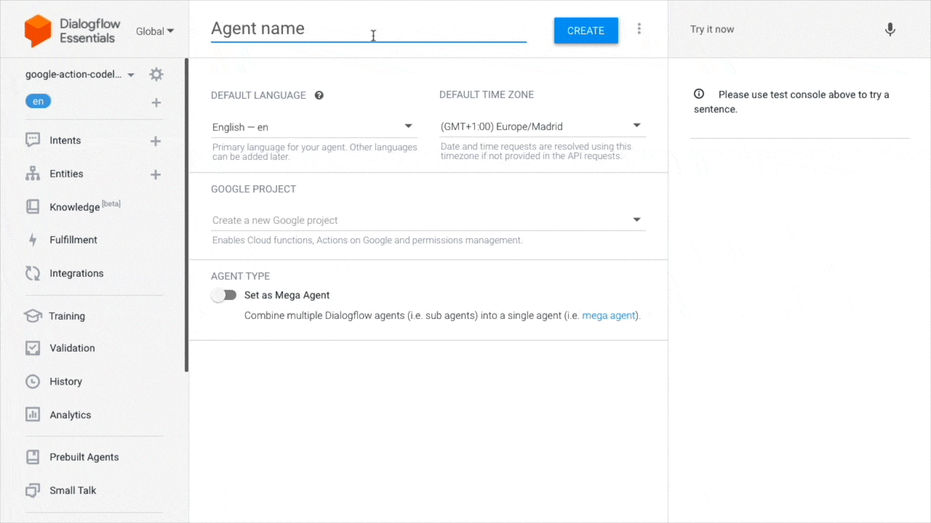 Gif showing the steps to create the dialogflow Agent