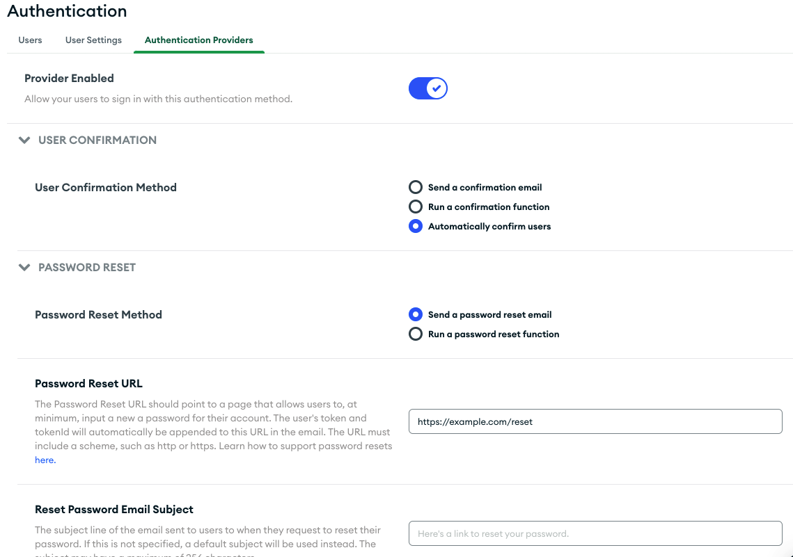 Email/Password options
